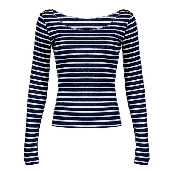 T Shirts for Women Summer Loose Fit Basic Casual Tees Long Sleeve Boat Neck Striped Print Vacation Tops