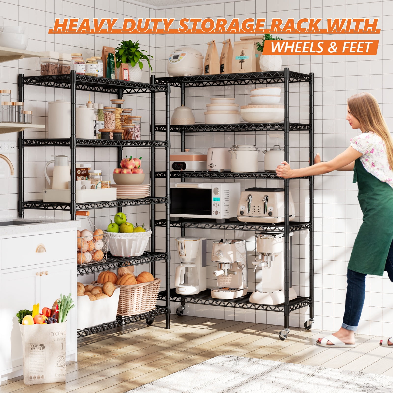 REIBII 73"H Storage Shelves 1650LBS Wire Shelving Unit with Wheels 5 Tier Heavy Duty Metal Shelves for Storage Rack,73"H x 35"W x 15"D