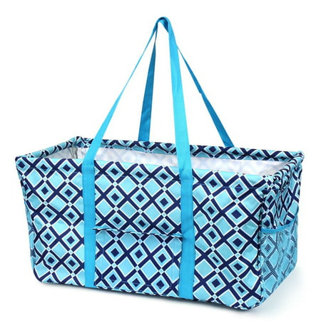 All Purpose Utility Market Tote Bag by Zodaca Collapsible Turquoise Navy Diamond Wireframe Carry Basket for Grocery (Best Carry On Bag For A Woman)