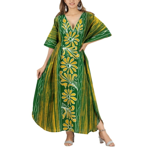 HAPPY BAY Women's Summer Batik Caftan Loungewear House Dashiki Dress Kaftan Nightshirts for Women Sleepwear 2X-3X Fern, Floral