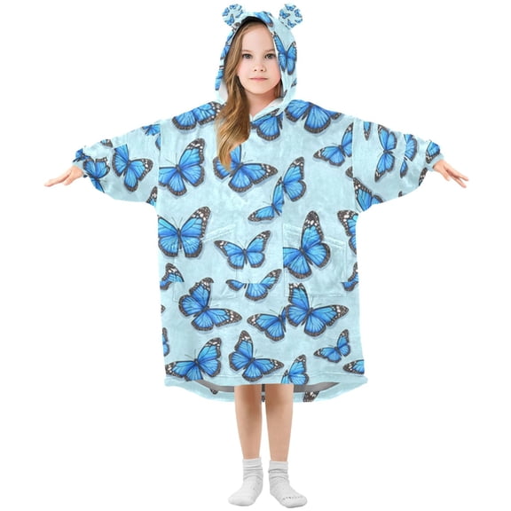 Wearable Blanket Hoodie for Blue Butterfly Pattern Flannel Hooded Blanket with Pockets and Sleeves Suitable