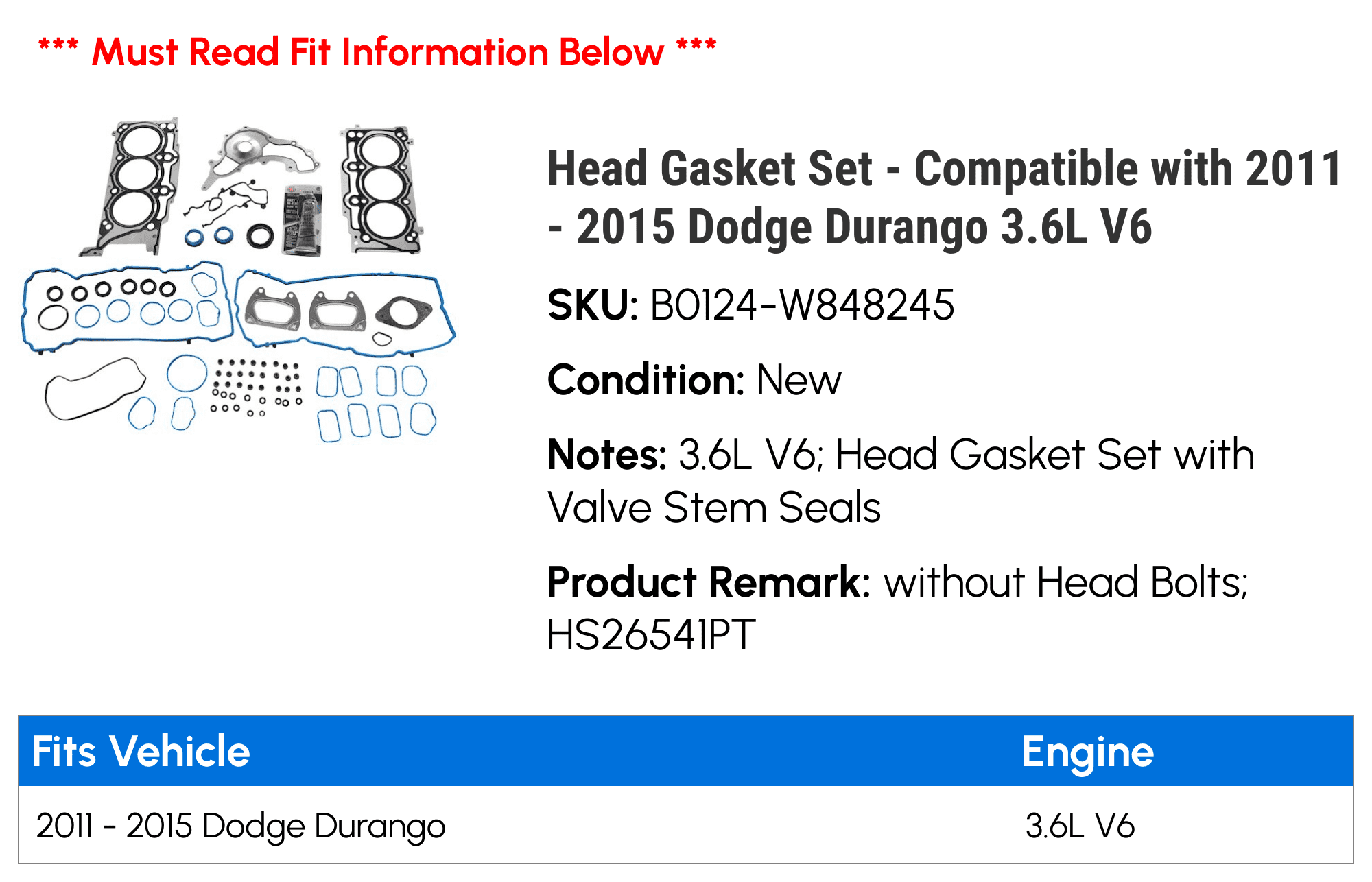Head Gasket Set - Compatible with 2011 - 2015 Dodge Durango 3.6L V6 2012 2013 2014
