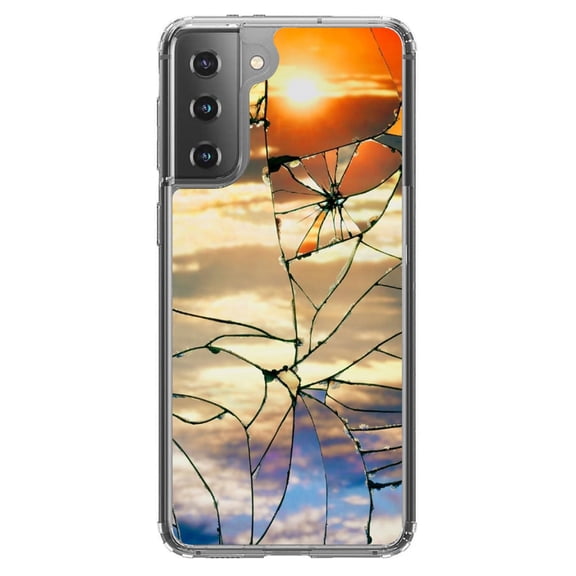 DistinctInk Clear Shockproof Hybrid Case for Galaxy S21  PLUS 5G (6.7" Screen) - TPU Bumper, Acrylic Back, Tempered Glass Screen Protector - Shattered Glass Sunrise
