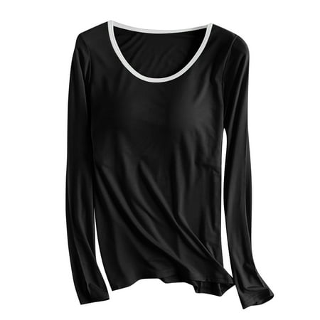 Padded Long Sleeve Tops for Women Built in Bra Pajamas Camisole Shirts Yoga Tops Casual Loose Round Neck Long Sleeve T-Shirt Blouses Cotton Sleepwear Black S