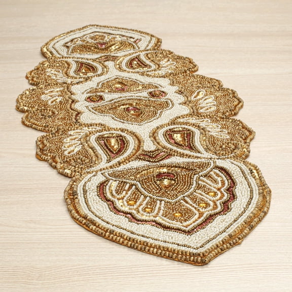 Homebia Designs Beaded Christmas Table Runner, Fancy Handmade Decorative Embroidery Gold Runner for Christmas Xmas New Year Family Party Decoration - 13x36 Paisley Design