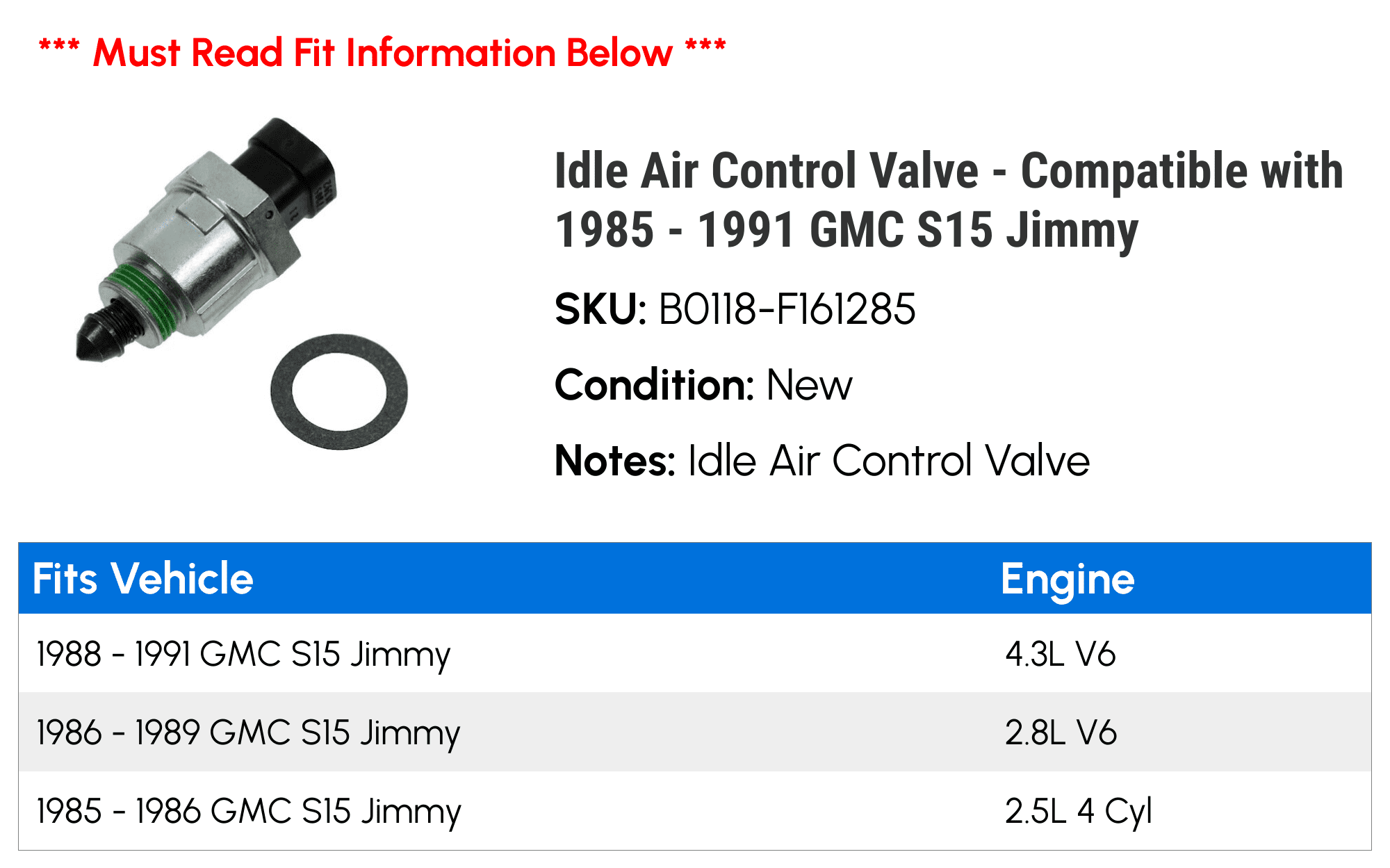 Idle Air Control Valve - Compatible with 1985 - 1991 GMC S15 Jimmy 1986 1987 1988 1989 1990
