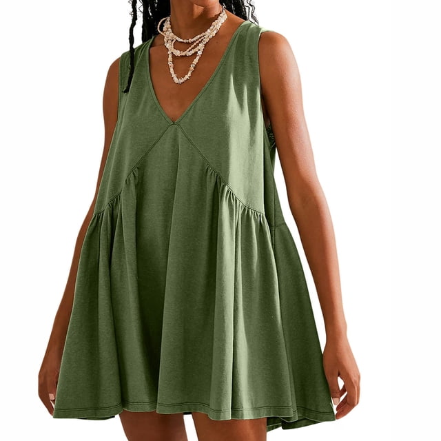 Robe pour Femmes, Coupe Ample Décontractée Sans Manches Col en V, Robe d'Été Plissée en Polyester Facile d'Entretien pour Usage Quotidien
