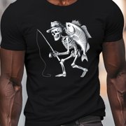 Men'S Casual T-Shirt, Skeleton Fishing Graphic Print, Polyester 100% Knit Fabric, Crew Neck, Regular Fit, Geometric Pattern, Summer Short Sleeve Top for Daily Wear