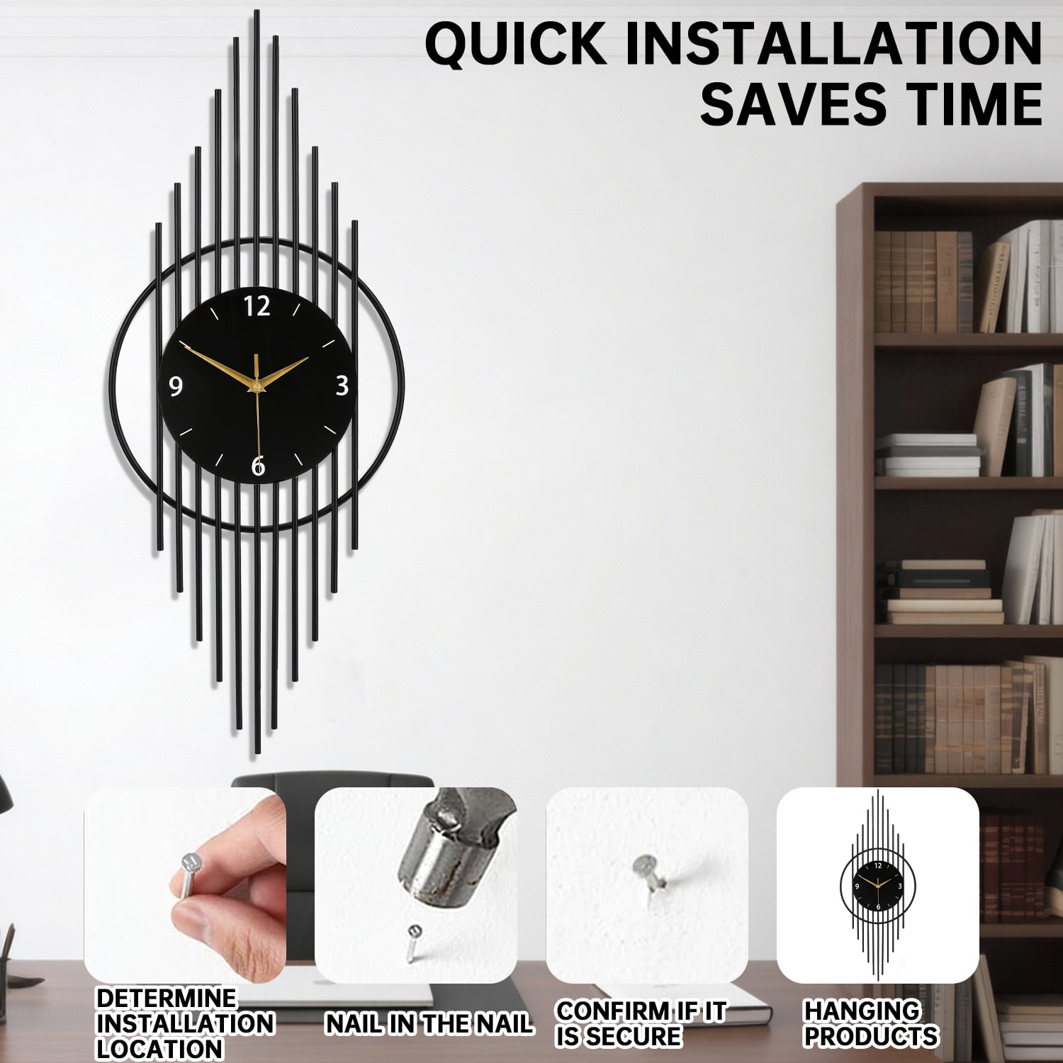 Modern Black Metal Wall Clock, Art Deco Style Large Decorative Clock for Living Room, Silent Non-Ticking Hanging Clock with Geometric Design, Unique Home Decor & Kitchen/Bedroom Wall Art