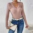 thumbnail image 2 of Htigea Women's Sheer Lace Trim Tee Shirts Long Sleeve Eyelet Tops Casual V Neck Stretch Slim Blouses Fall Clothes Pink L, 2 of 9
