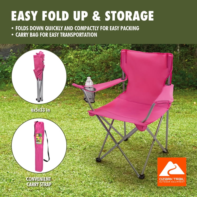 Ozark Trail Quad Folding Camp Chair with Cup Holder, Pink Blast