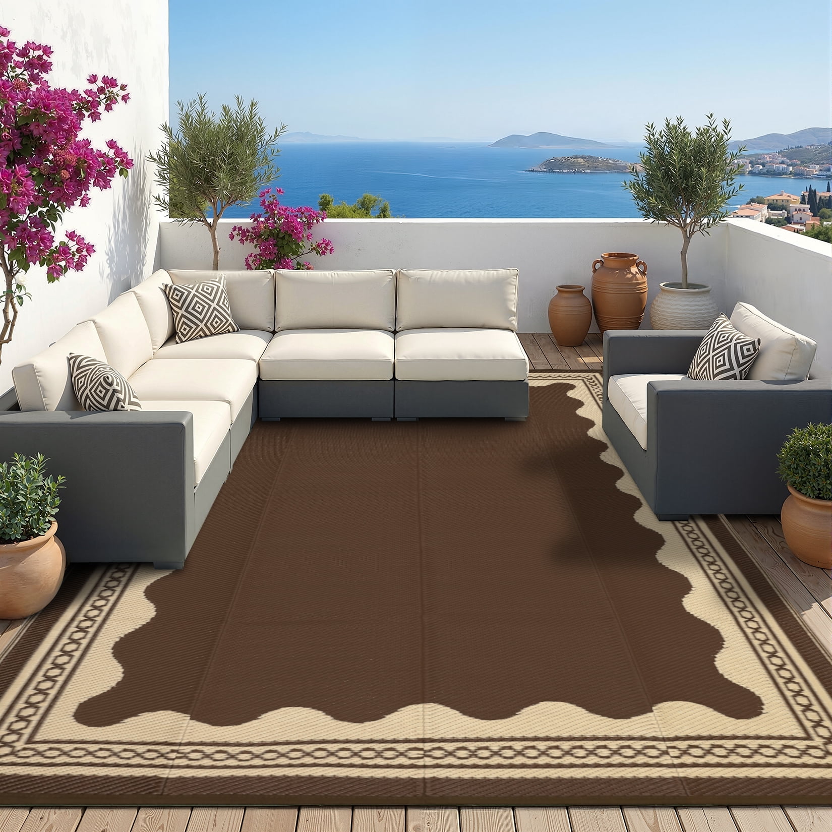 Garvee Outdoor Rug 8x10ft Modern Bordered Reversible Plastic Straw Rug, Waterproof RV Camping Rug Foldable Patio Rug for Deck Porch Balcony Backyard Picnic Beach, Brown