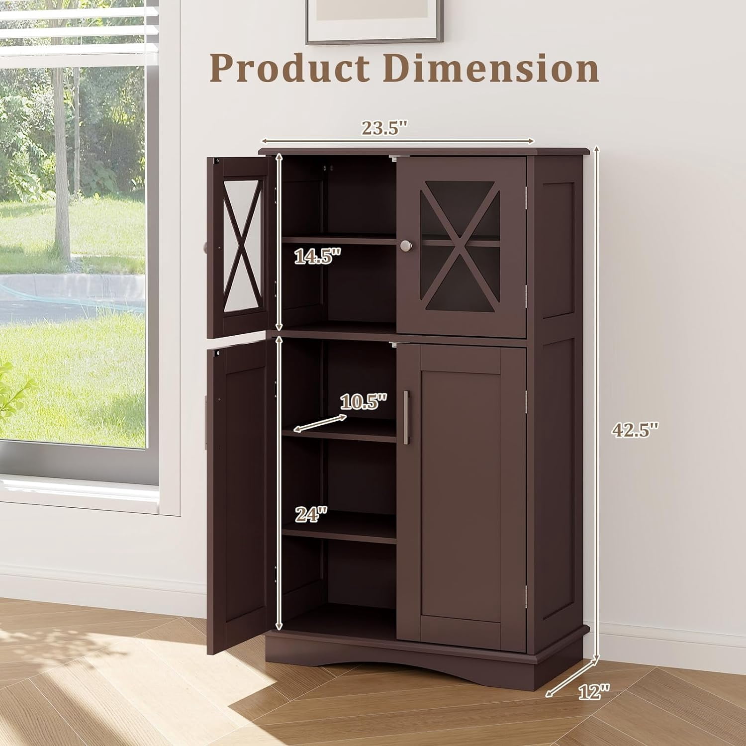 Bathroom Floor Storage Cabinet - Linen Floor Cabinet with Doors and Adjustable Shelves, Freestanding Side Storage Organizer for Bathroom, Living Room, Entryway, Kitchen Storage Unit (Brown)