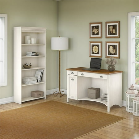Bush Stanford Computer Desk And 5 Shelf Bookcase In Antique White