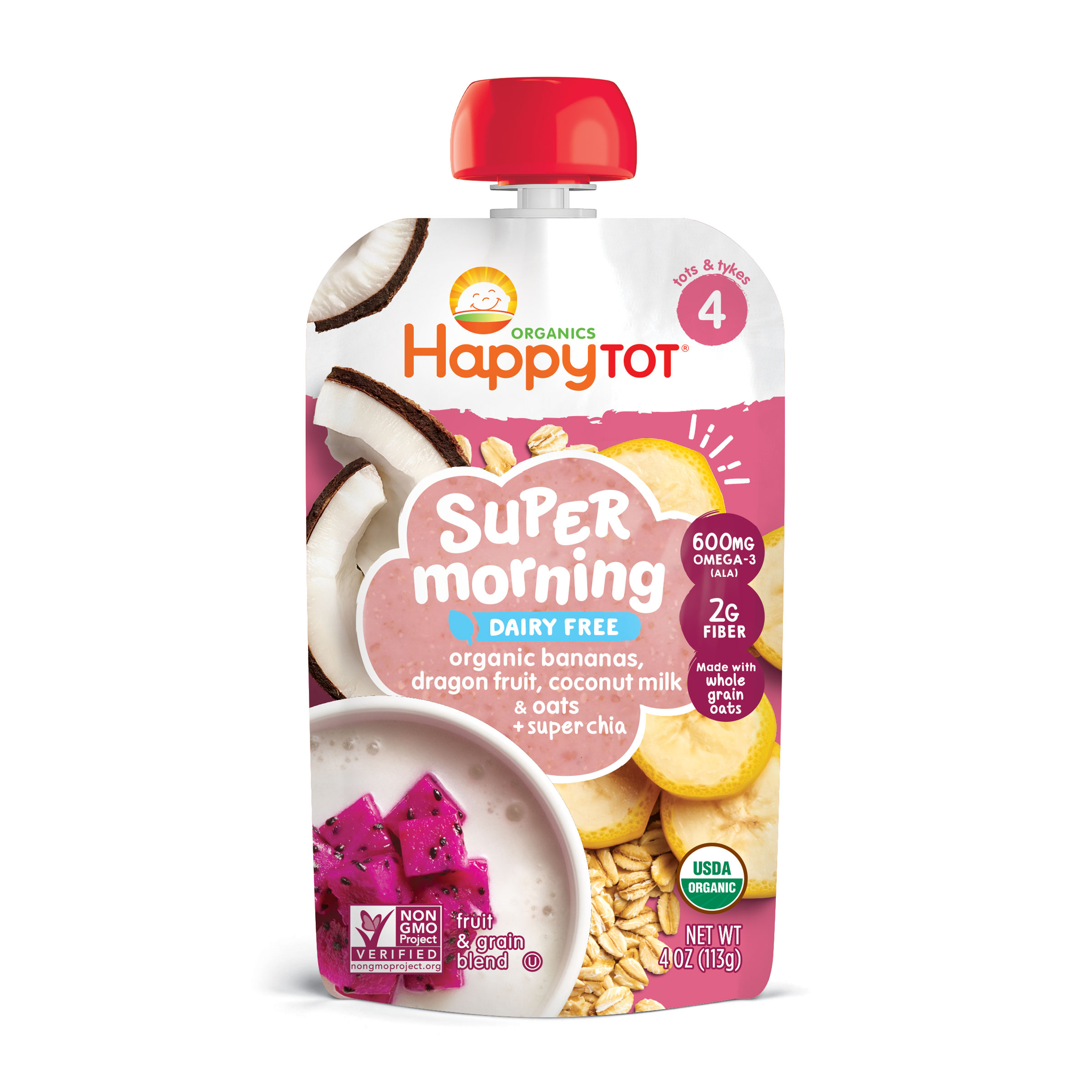 Happy Tot Super Morning Organic Toddler Food, Bananas Dragon Fruit & Oats, 4 oz Pouch