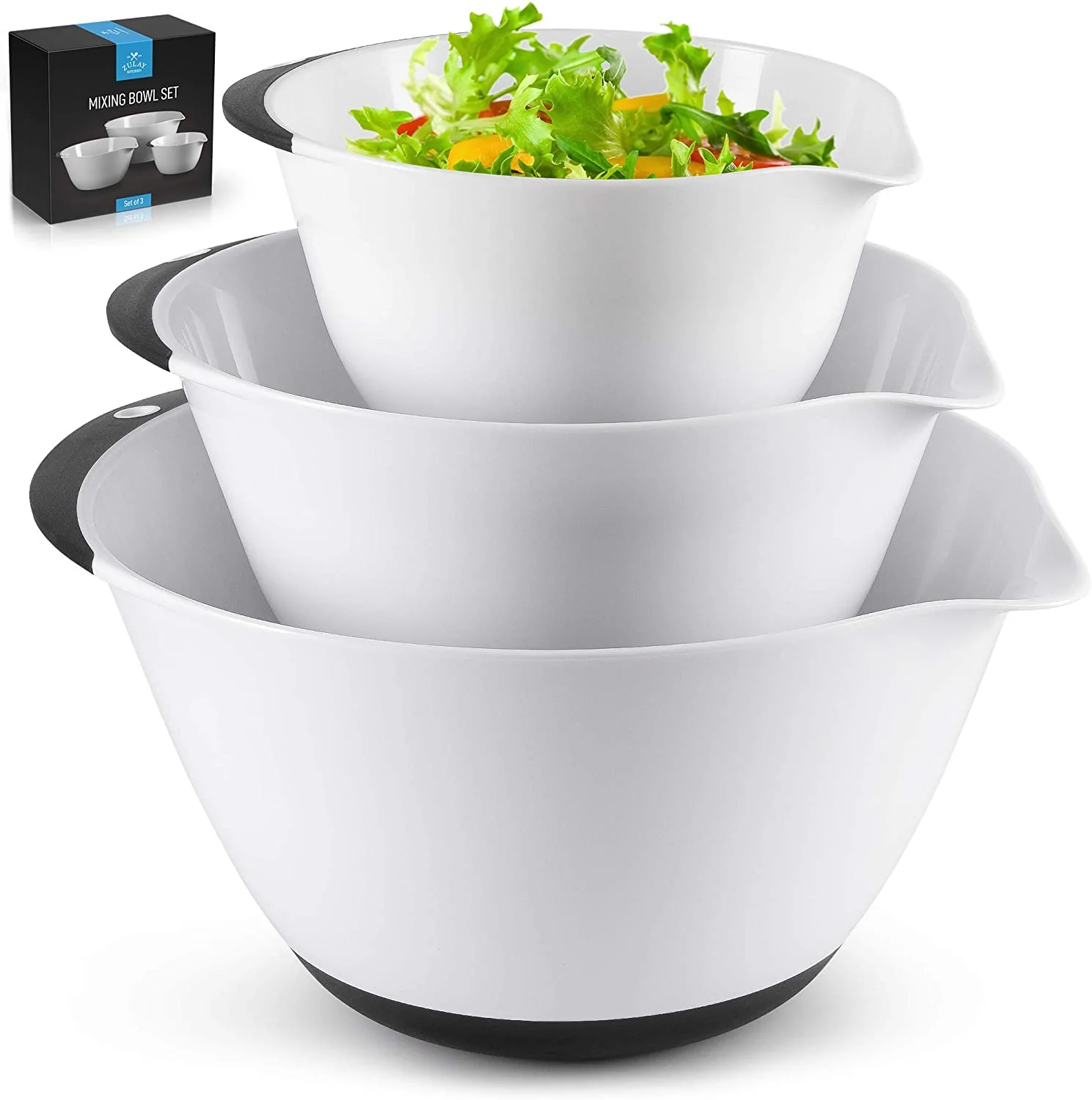Zulay Kitchen 3Piece Mixing Bowl Set Plastic Mixing Bowls With