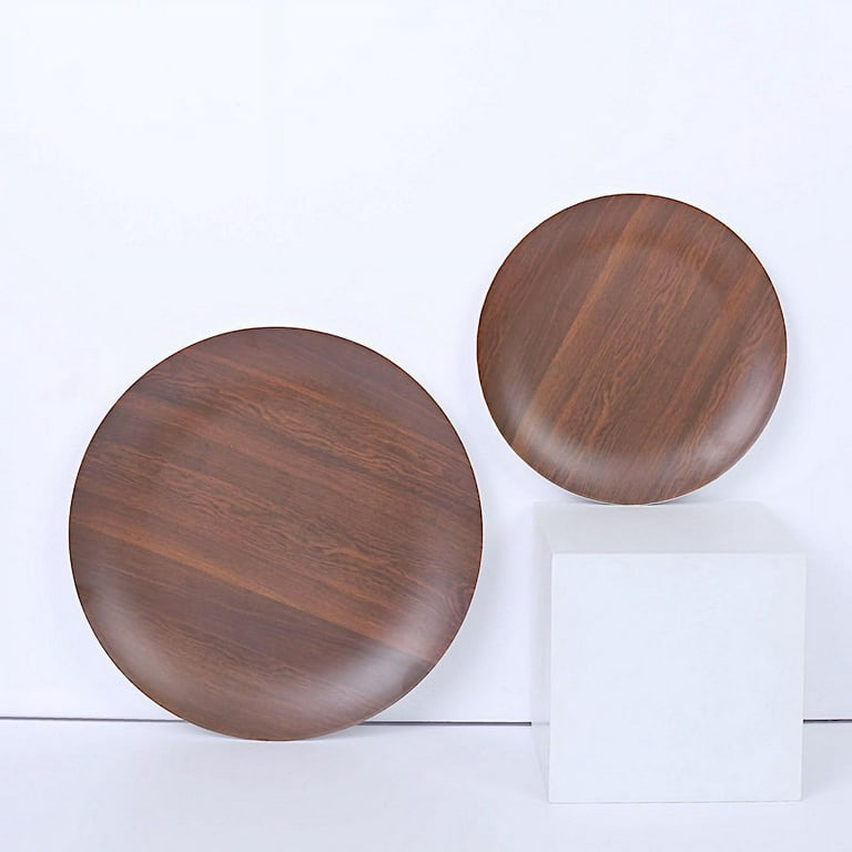 6 Round Disposable Heavy Duty Plastic Plates Wood Grain Design 10 in