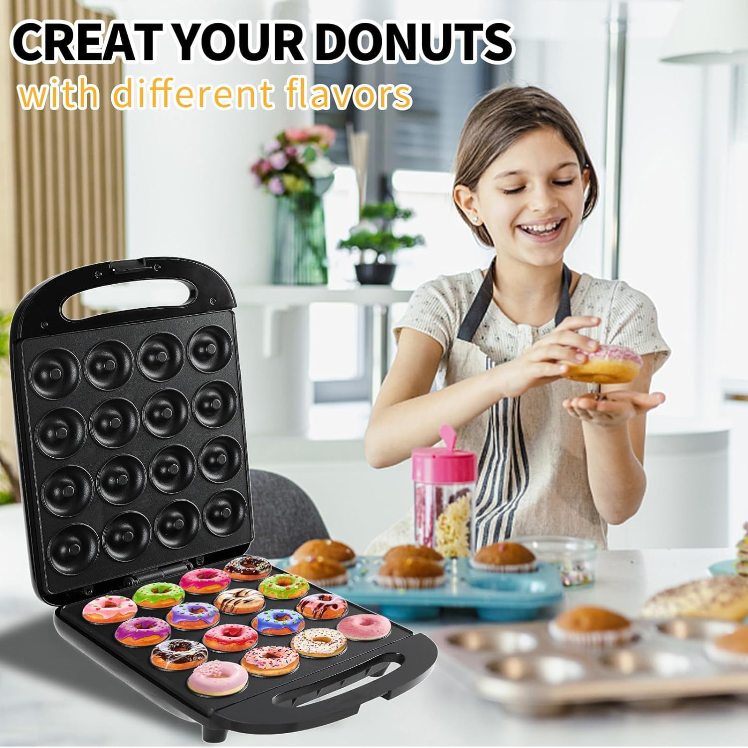 SAVALETOR Mini Donut Maker,Non Stick Donut Maker Machine,Mini Pancake Maker Machine Double Sided Heating ,16 Holes Mini Donuts For Home Baking Breakfast, Snacks, Desserts & More,Easy to Clean