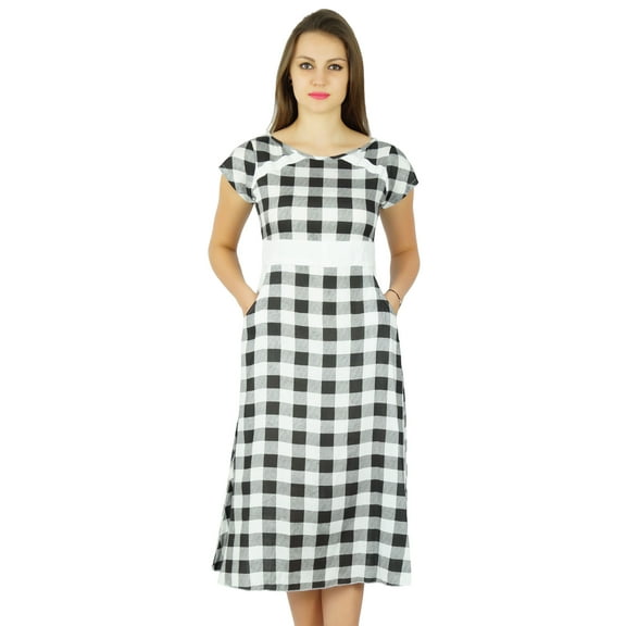 Bimba Womens Check Pattern Cotton Dress With Pockets Knee Length Casual Wear