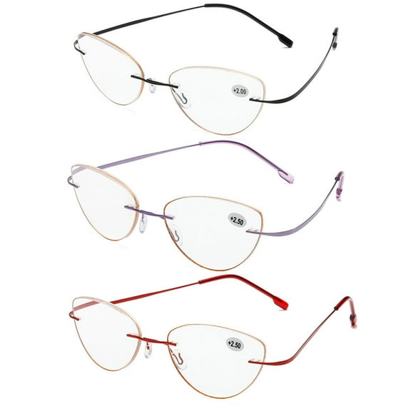 3 Pairs of Women Bling Glitter Around Rimless Flexible Cat Eye Reading Glasses 1.50 Ladies Anti-blue Light Titanium Alloy Readers 1.50 Strength
