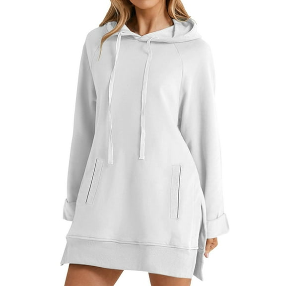 Lmnyox Solid Long Pullover for Women Oversized Side Slit Drawstring Hoodies with Pocket Fashion Casual Sweatshirts