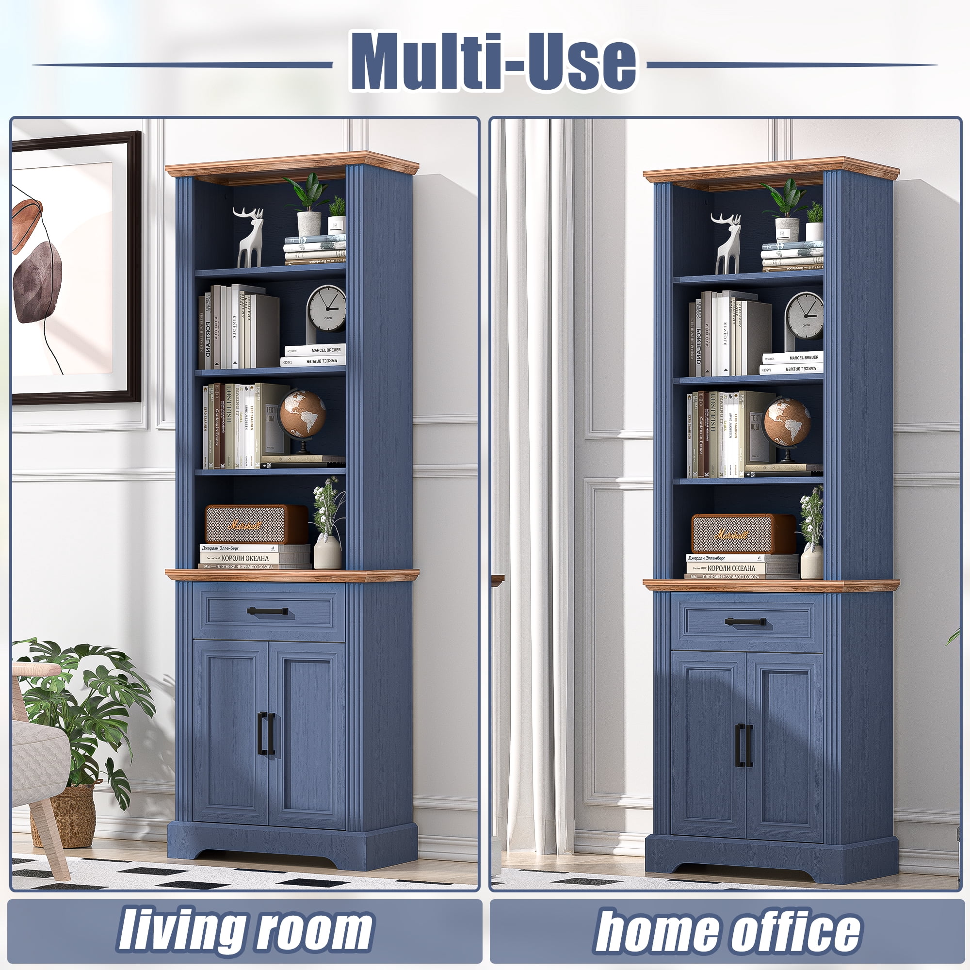 HARIPUL 72" Tall Bookcase Floor Standing with Drawer and Door, 6 Tier Wooden Storage Bookshelf for Living Room Home Office, Vintage Blue