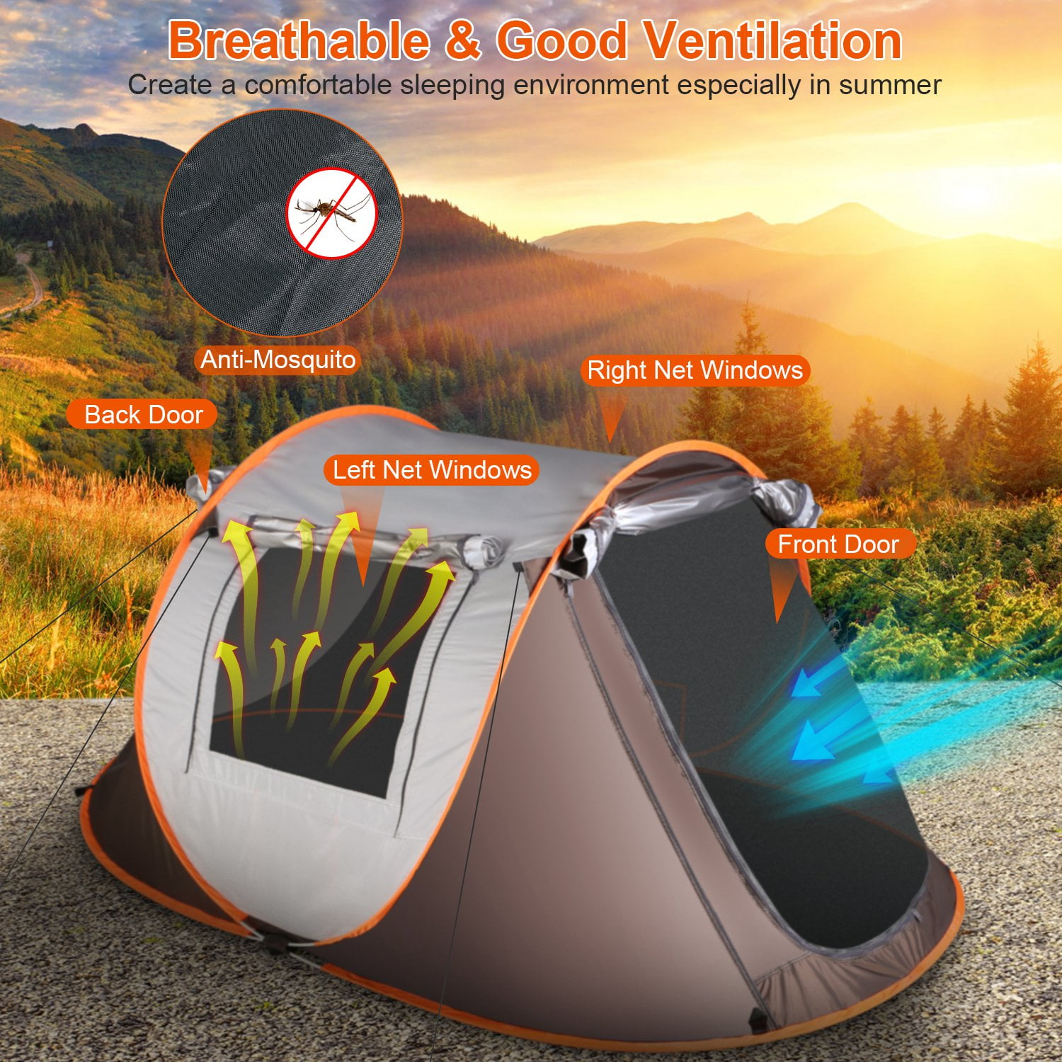 NewHome 5-8 Person Pop Up Tent Automatic Setup Camping Tent Waterproof Instant Setup Tent with 4 Mosquito Net Windows Carrying Bag for Hiking Climbing Adventure Fishing - Khaki