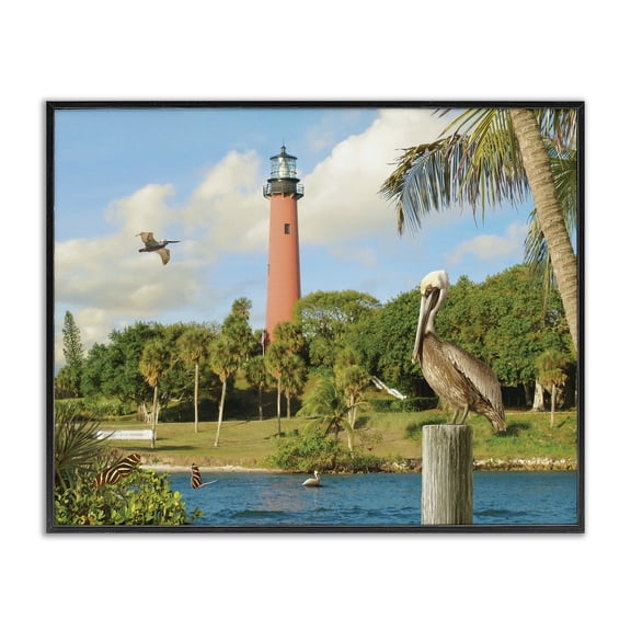 Stupell Industries Coastal Juptier Inlet Bright Red Lighthouse with Tropical Birds and Palm Trees Black Framed Giclee Art, 14 x 11, by Alan Giana & Company