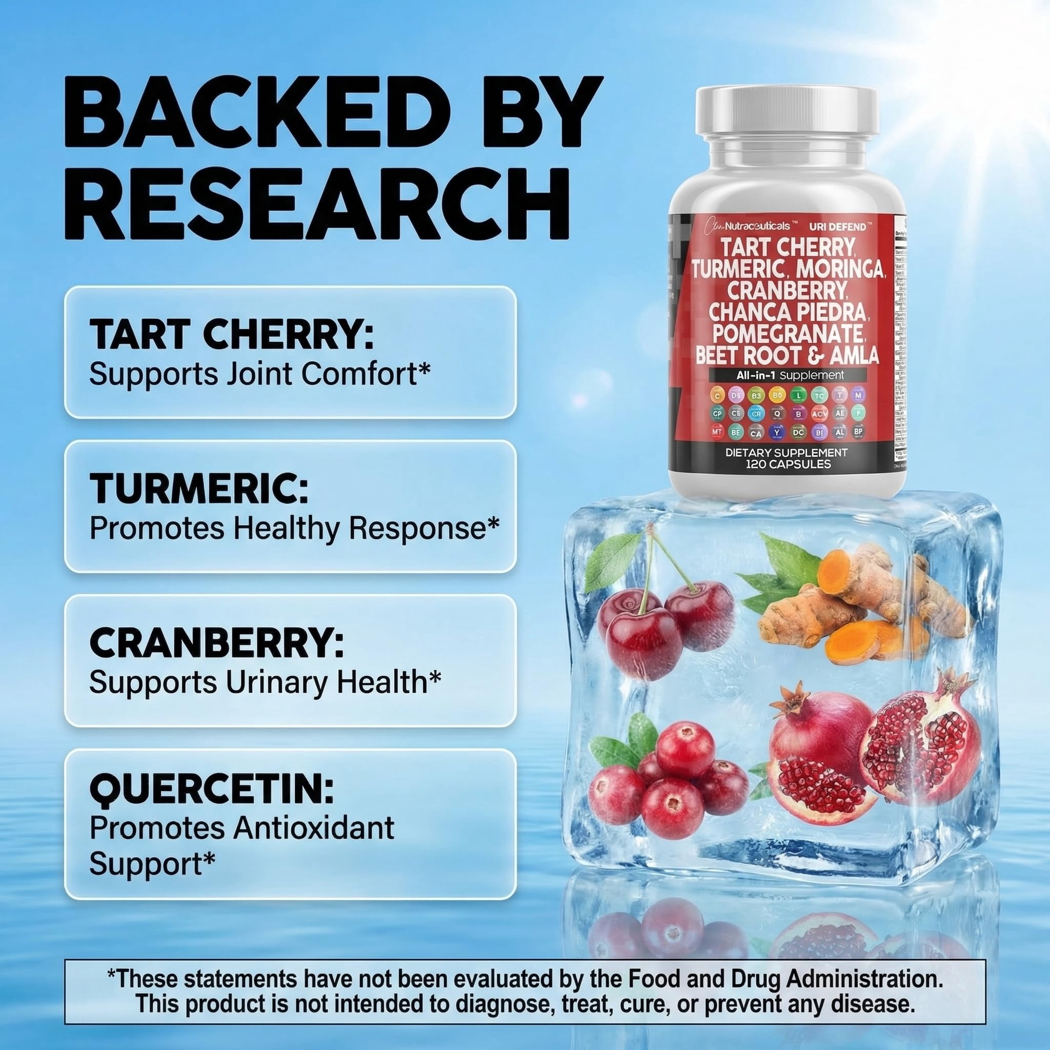 Clean Nutraceuticals Tart Cherry Extract Capsules with Turmeric Moringa Cranberry Chanca Piedra Celery Quercetin ACV Pomegranate L Selenomethionine - Uric Levels - 120 Ct