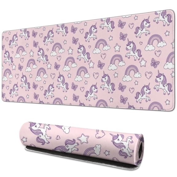 Long Mouse Pads for Desk,Cartoon Unicorn Rainbow Cloud Butterfly Desk Mats on Top Of Desks, Desk Mouse Pad Extra Large with 3mm Non-Slip Base and Stitched Edge for Gaming,Work,Home 31.5"x11.8"