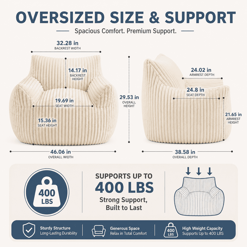 Giant Bean Bag Chair for Adults, 46" Oversized Corduroy Bean Bag Sofa with Armrests, Shredded Foam Floor Lounge Chair, Supports 400 lbs, Beige