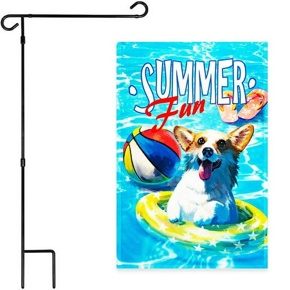 G128 Combo Pack: Garden Flag Stand Black 36x16IN & Garden Flag Summer Fun with Dog in Pool 12x18IN