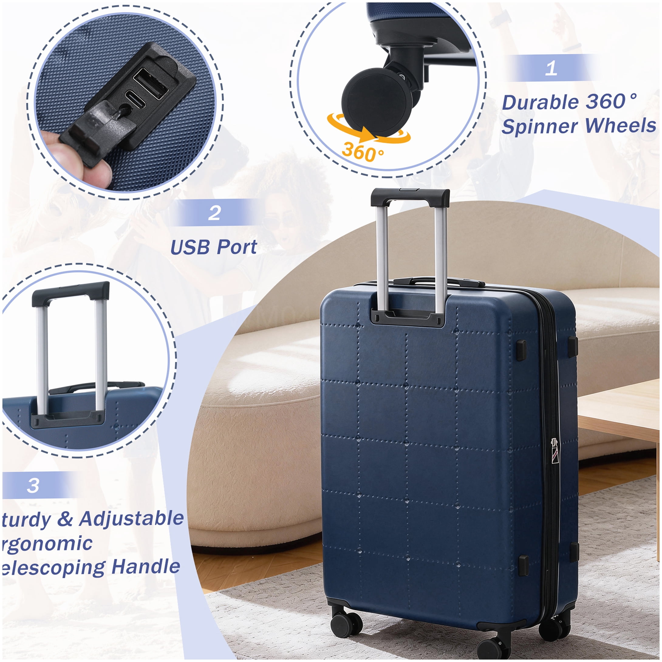 MANGIJOY 20 24 28 Inch Hardside Luggage Set 5 Pcs, ABS Carry On with USB Port, Expandable Spinner Suitcase TSA Lock, Blue Travel Luggage