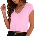 thumbnail image 4 of Women's V-Neck Crop Top, Short Sleeve Casual Solid Color T-Shirt Y2K Tops Travel Outfit Pink XXL, 4 of 6