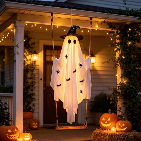 Halloween Decorations Outdoor Large Wizard Hanging Swing Ghost with String Lights Remote Control Halloween Swinging Ghost Decor for Tree Porch Yard Garden Lawn