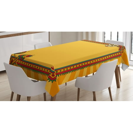 Mexican Kitchen - Fiesta Tablecloth, Frame Pattern with Skull Sombrero and Maracas Mexican Elements Geometric, Rectangular Table Cover for Dining Room Kitchen, 60 X 84 Inches, Marigold Red Green, by Ambesonne