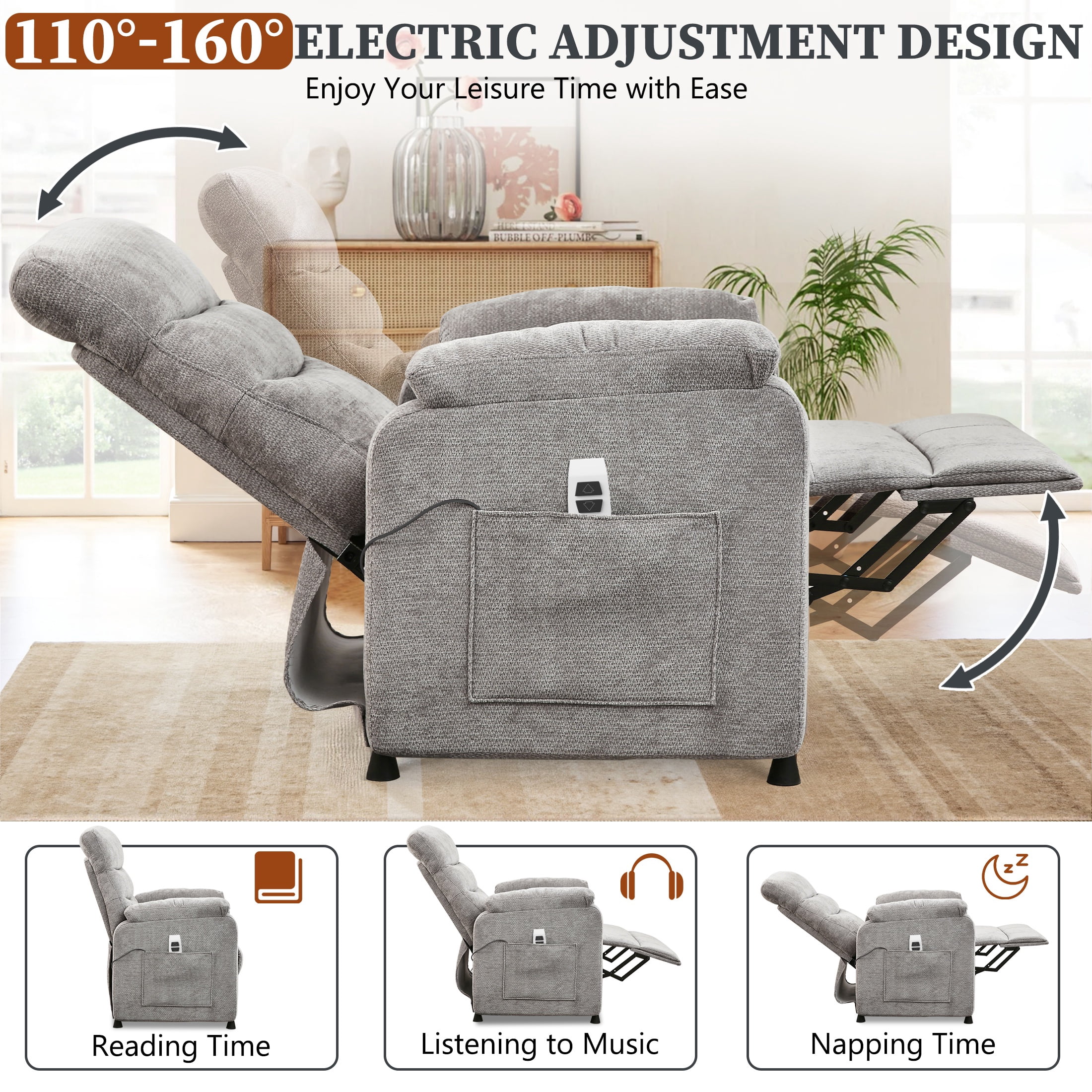 Power Recliner Chair, Holaki Electric Power Recliner with Side Pocket and Remote, Modern Chenille Fabric Recliner Chairs for Adults, Small Recliner for Small Space Nursery Living Room, Grey