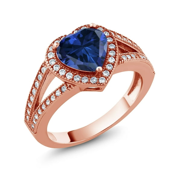 Gem Stone King 18K Rose Gold Plated Silver Ring Heart Shape Simulated Sapphire and Moissanite (1.29 Cttw) (Size 5)