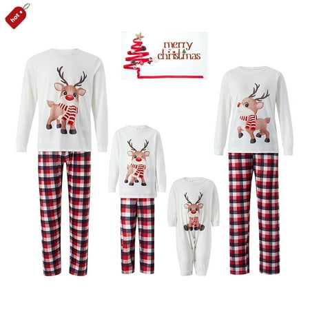 

Christmas Pajamas for Family Long Sleeve Elk Printed Tops + Elastic Plaid Pants/Romper Sets