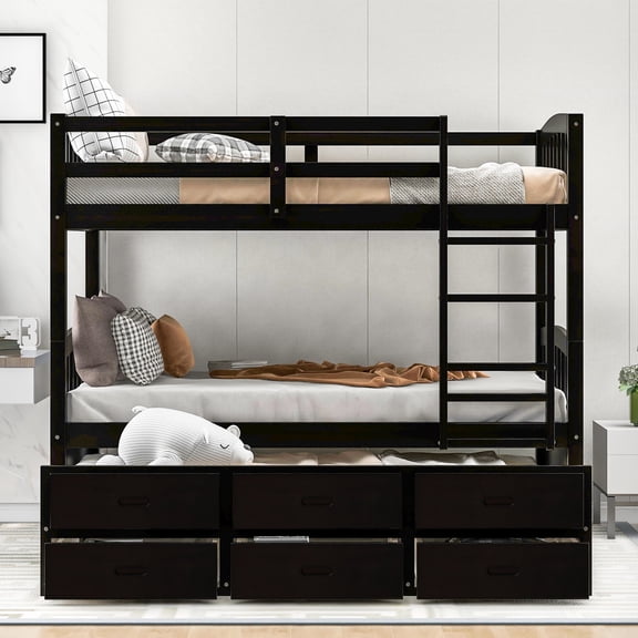 DeepRoar Wood Bunk Bed with Trundle and Drawers, Twin over Twin Bunk Bed Frame with Ladder and Full-Length Guardrails, Space Saving Bunk Bed for Teens Adults, Noise Free, Easy Assembly, Espresso