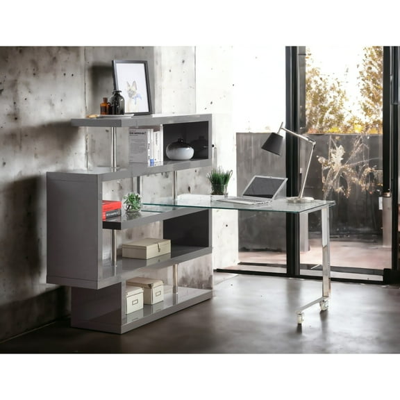 Newboti Furniture Buck II Clear Glass, Chrome High Gloss Finish Writing Desk with Shelf 58037