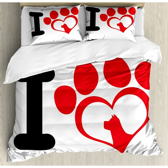 Ambesonne Dog Paws Duvet Cover Set, I Love Claw Shaped Heart, Calking, Dark Coral and Charcoal Grey