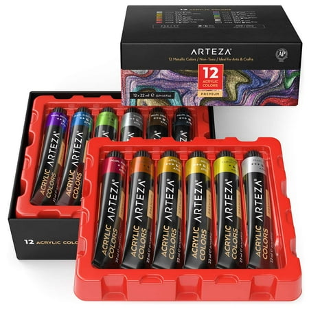 UPC: 0810386033628 | Arteza Acrylic Artist Paint Set  Metallic  22ml Tubes  Assorted Colors  Non-Toxic – 12 Pack