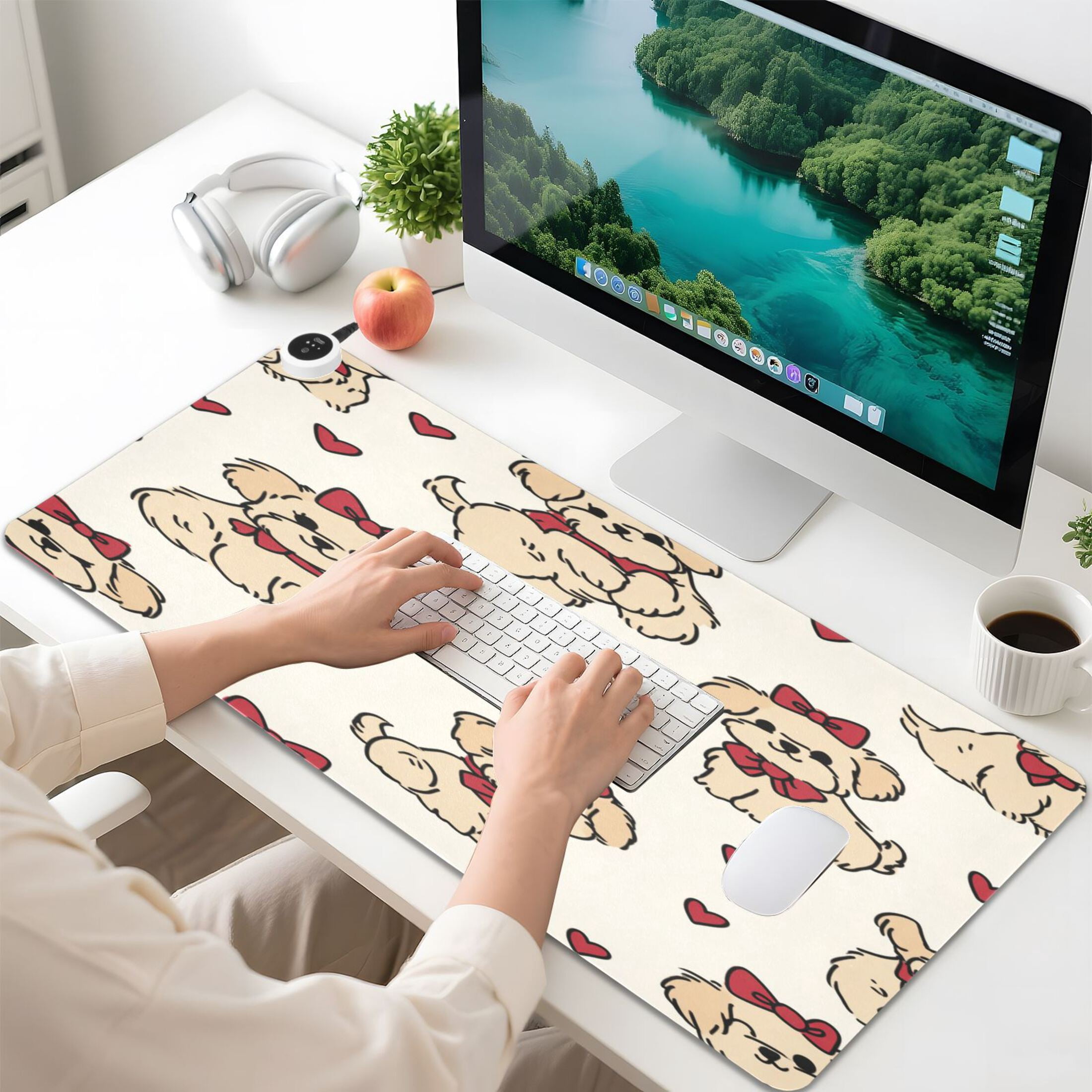 Large Heated Desk Mat Mouse Pad 31.5"x13"PU Leather Graphene Heating Desk Warmer with 3 Temperature Settings 110V US Plug Non-Slip Warm Pad for Home, Office, and Gaming Whimsical Puppy Bow Pattern