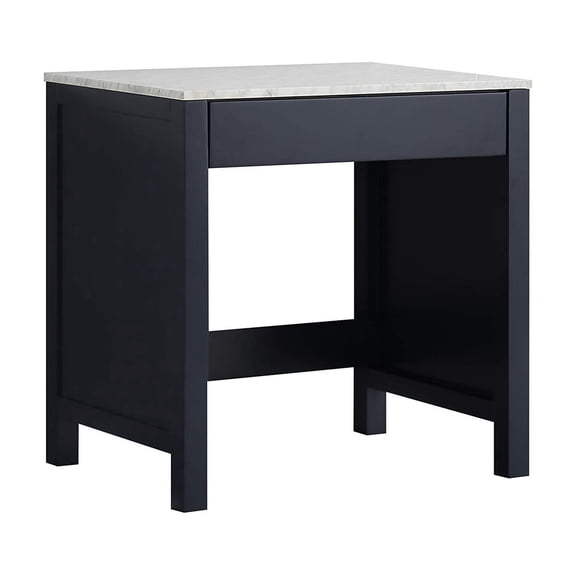 Lexora Home Jacques 30" Carrara Marble Top Make-Up Table in Navy Blue