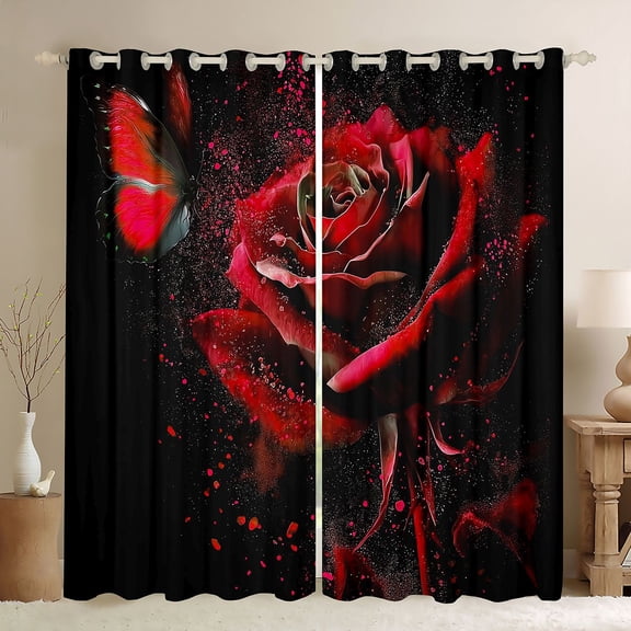Homewish Valentine'S Day Theme Black Out Curtains,Romantic Red Rose Curtains Pack of 2 (42x63 Each),Chic Flower Floral Bedroom Curtains For Adults,Ultra Soft Home Decor