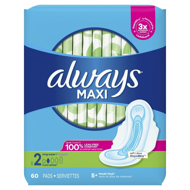 Always Maxi Pads Size 2, Long, Super Absorbency, with Wings