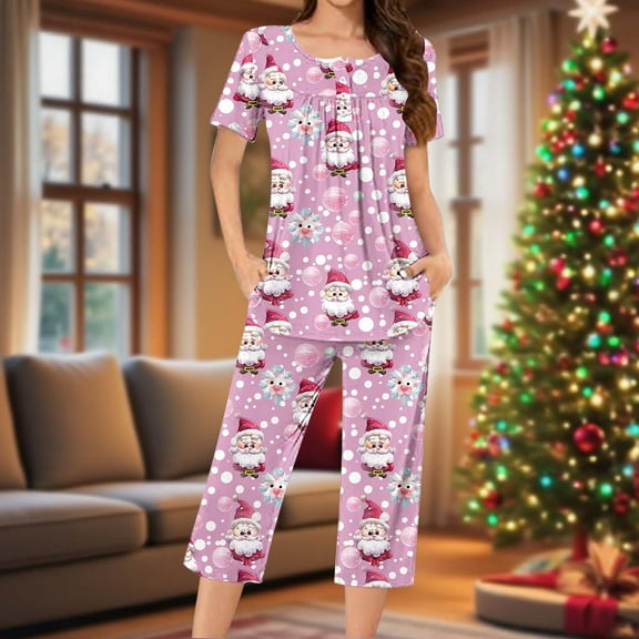 EchfiProm Cute Christmas Pajamas for Women One Sets Sleepwear Plus Size Short Sleeve and Capri Xmas Soft Pink Adults Lounge Sets