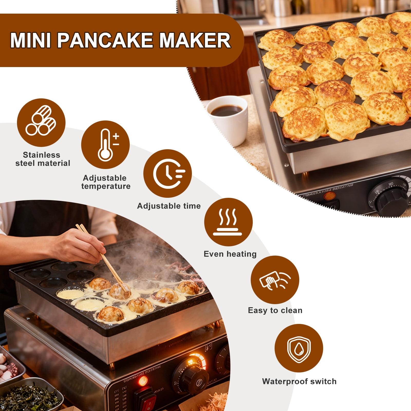 110V 1800W 50-Piece Mini Pancake & Waffle Maker, Non-Stick, 50-300°C Temp Range & Time-Adjustable, Waterproof & Leak-Proof, Ideal for Mini Pancakes, Snack & Waffles