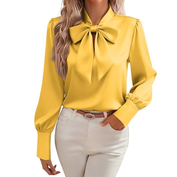 JSKUMAR Women's Silk Blouse Casual Long Sleeve Bow Tie Neck Button Down Shirts Stylish Basic Office Work Tops Outfit (Yellow,XL)